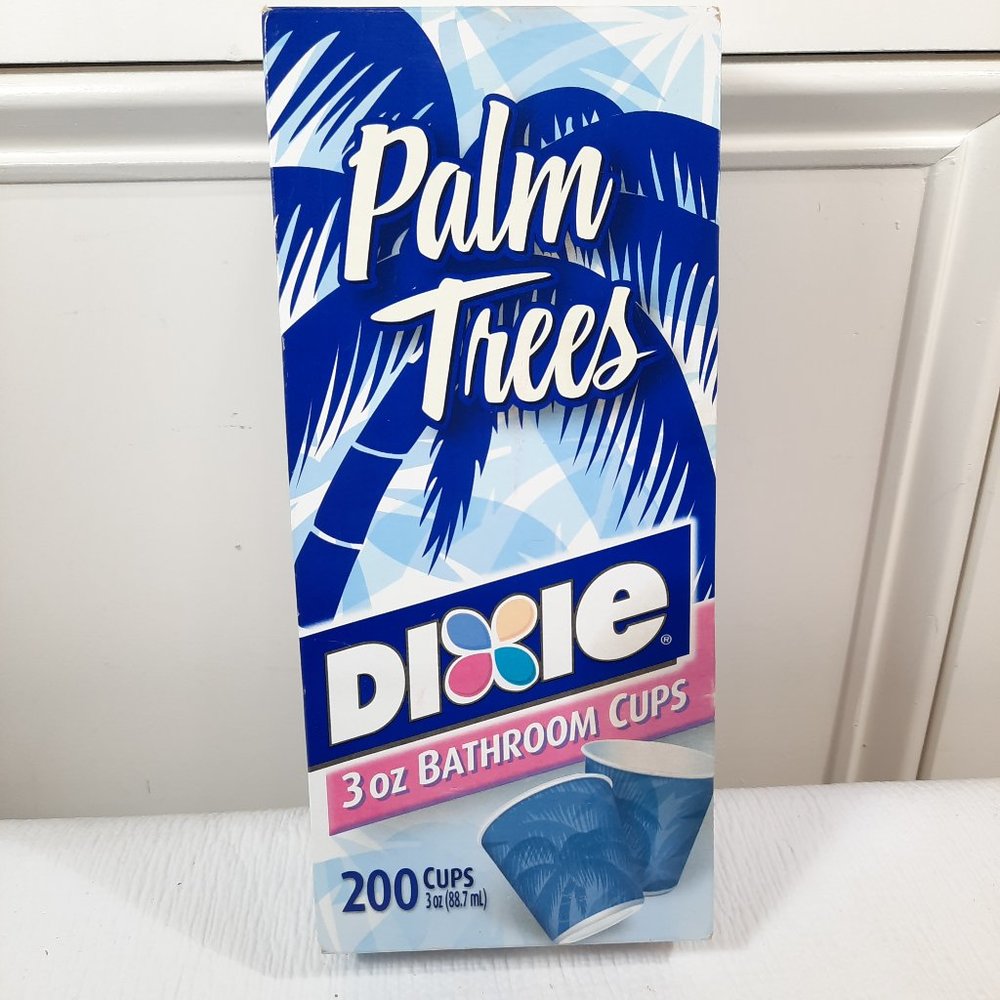 Vintage Dixie‎ Bathroom paper Cups 3oz Palm Trees blue Design OPENED box 2003